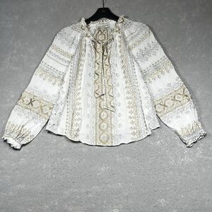 Hale Bob White and Gold Embroidered Peasant Blouse